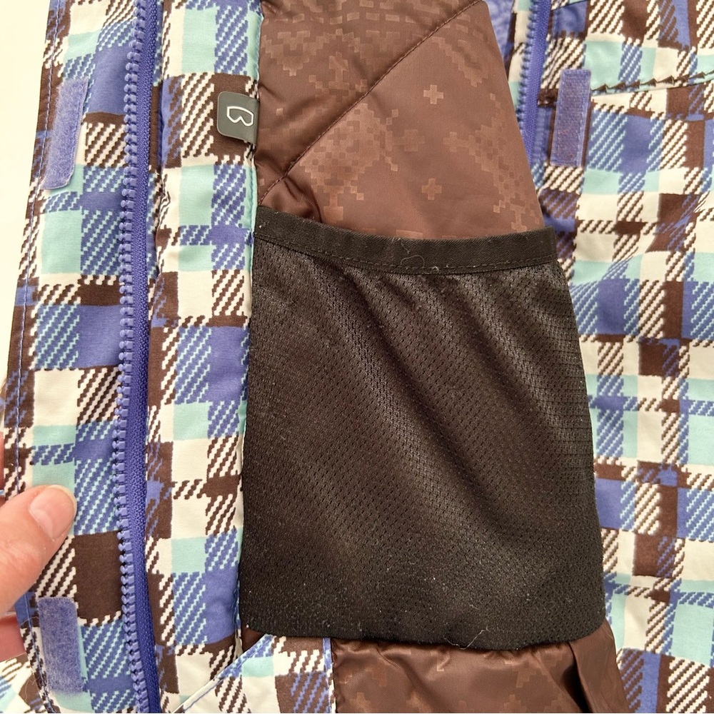 Columbia Snow Ski Waterproof Periwinkle Blue Brown Plaid Jacket Hood Size 14/16 - Picture 9 of 16
